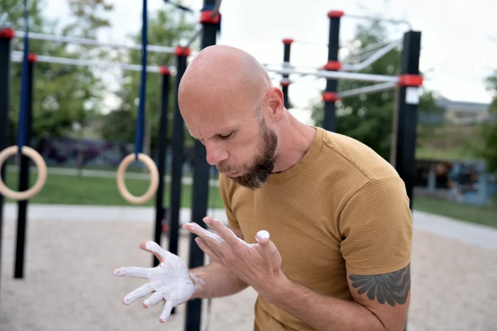 Marcel Štrublík si před tréninkem na hřišti dává magnézium na ruce